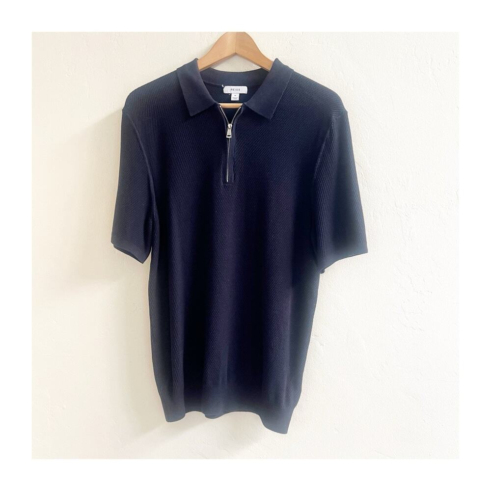 Reiss Men’s Textured Polo Quarter Zip Navy Size Medium Stretch Slim Fit Preppy
